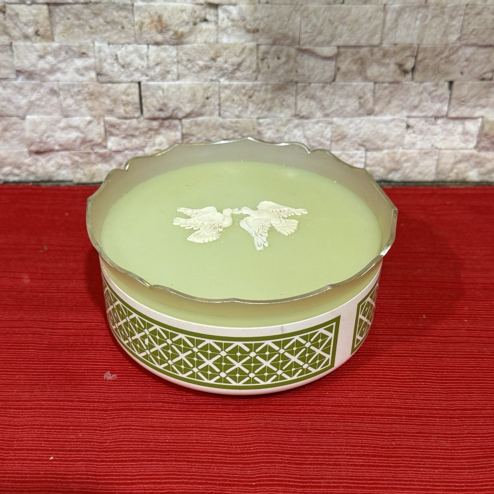 1960s Avon Somewhere Beauty Avocado Green Powder Box • White Doves Trinket Box